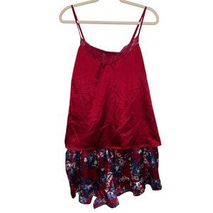 Adore Me Women's Burgundy Red Blue Satin Cami & Floral Shorts Set 1X